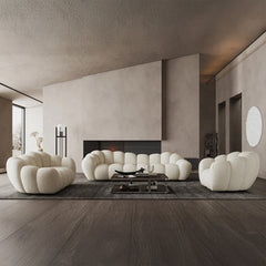 Ivory boucle fabric design sofa set with rounded form – contemporary sofa design, living room couch