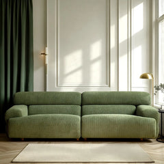 Moss green boucle couch with plush horizontal seams – 3 seater, modern sofa design, fabric sofa