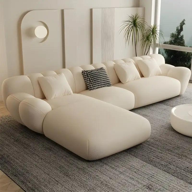Channel tufted lounge couch modern sofa design beige 5 seater fabric sofa