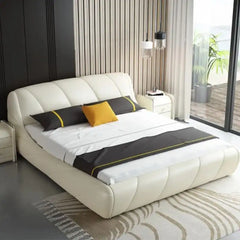 Segment-stitched ivory bed headboard with new bed design and modern bed design aesthetics