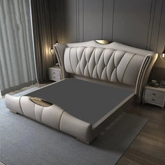 Sculpted footboard with gold trim, bed and cot, modern style bed design, beige fabric