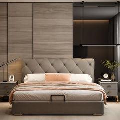 Gold-accent block legs on taupe bed frame, modern style bed design, master bedroom bed design