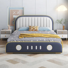 Starry-themed headboard with yellow piping; bacchon ka bed and kids twin bed; upholstered finish