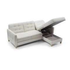 Pull-out bed view with sofa bed couch and convertible couch sleeper, cream upholstery