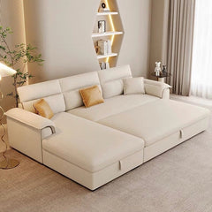 Plush high-back with segmented cushions – sofa cum bed + sleeper sofa + beige colour
