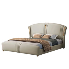 Upholstered frame with vertical seams, cot design, bed for king size, beige tone