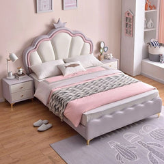 Scallop-shaped backrest with soft lavender detail, bacchon ka bed, kids bed, pastel faux leather
