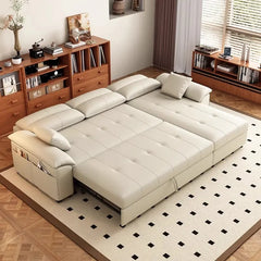 Fold-out sleeper sofa cum bed design with storage and magazine pocket, soft padding