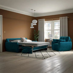 Side view pic showing curved padded arms and couch sleeper silhouette in teal