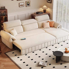 Daisy backrest detail with adjustable headrests – sofa cum bed design – beige finish