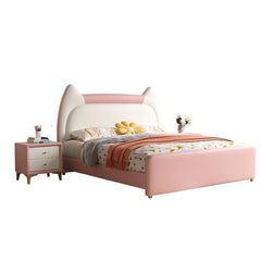 White bed base with pastel accent drawers, children’s furniture store, children’s bed with mattress