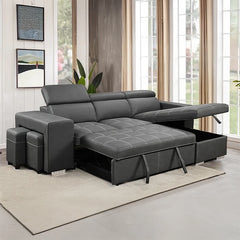 Pull‑out bed extended, sofa cumm bed, couch bed style, structured arms, chrome legs