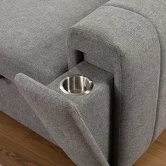 Armrest with cupholder and retractable headrest, sofa cum bed design, sofacumbed, grey upholstery