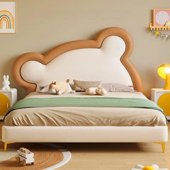 Low-profile beige bed on gold legs – bacchon ka bed, cute beds, soft upholstery