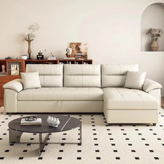 L-shape sofa bed couch with pull-out mechanism, convertible couch sleeper, cream faux finish