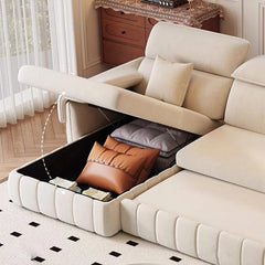 Wide padded armrest with fold-over flap – convertible couch bed – beige upholstery