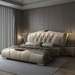 Gold-finished short block legs, cot design, modern bed design, charcoal upholstered base