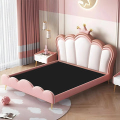 Padded pink-white bed with gold legs, kids bed, children's bedroom furniture, twin shape