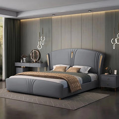 Curved footboard arc profile, new bed design, master bedroom bed design, grey finish
