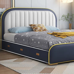 Drawer storage built into bed sides; children’s bed with mattress and cute beds; 3-compartment
