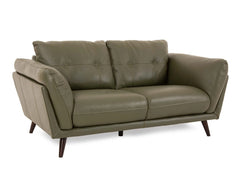 Front profile view of olive green leather couch, premium sofa, compact shape