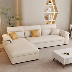 Tufted backrest and chaise view – sofa bed design + l shape sofa cum bed + beige upholstery