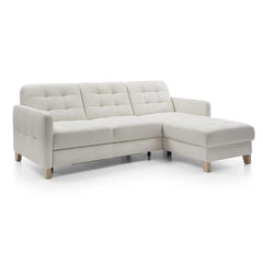 Under-seat chaise storage detail with sleeper sofa and sofa bed design, wooden legs