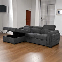 Boxy padded arms and tufted seats, convertible sofa bed, queen-size sleeper silhouette