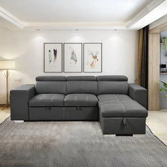 Hidden storage revealed, l shape sofa cum bed, modern design, adjustable headrest, dark grey