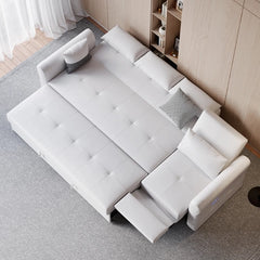 Flared armrests and tufted base, sofacumbed form, sofa cum bed appeal