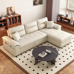 Right-hand chaise sofa cum bed, tufted back, sleeper sofa, compact legs, modern styling