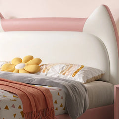 Side view showing padded safety panels, kids single bed, children’s bedroom furniture, faux leather