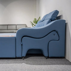 Side ottoman stowed in arm—l shape sofa cum bed, sofa bed couch, pastel blue faux leather