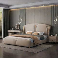Rounded wooden legs under platform, bed frame, bed and cot, golden detailing