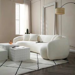 Low-profile white settee with boucle texture, sofa design, fabric couch