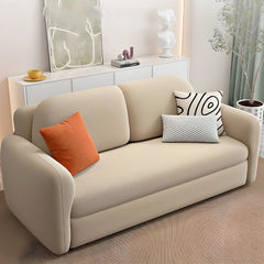 Scatter cushion design with pastel accents, convertible sofa bed, rounded frame