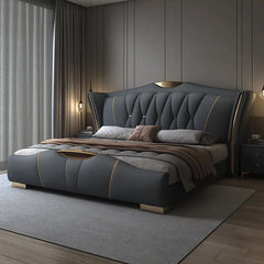 Full side profile showing plush wingback, master bedroom bed design, bed frame