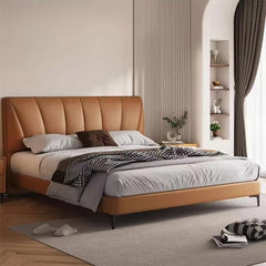 Tan leatherette bed frame pic showing cot design with custom designed to order headboard