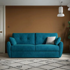 Bed view photo revealing tri-fold mechanism and queen-size sofa bed couch look