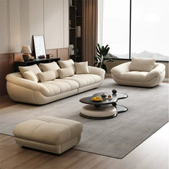Its form echoes luxury sofa styling, with soft, rounded arms, extra-deep seats, and removable pillow backs that provide superb lounging comfort.