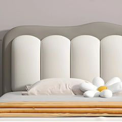 Rounded cushioned headboard, children’s bed with mattress, kids furniture, soft fabric