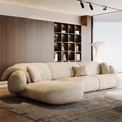 Deep lounge-style seat block close-up, designed sofa set, 2+L seater couch, beige