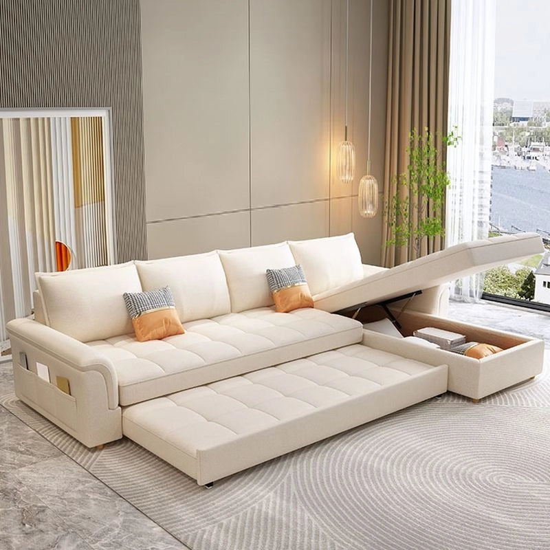 Cream fabric L-shape design sofa cam bed with convertible couch sleeper frame