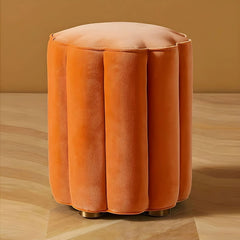 Cylindrical pouffe with channeled velvet, pouffe ottoman, footstool, orange tone