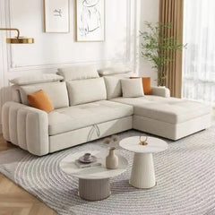 L-shaped design with beige-grey fabric, sleeper sofa and couch sleeper details visible