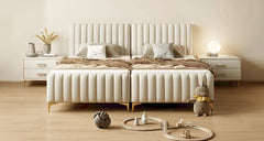 Gold-tipped wooden legs on upholstered twin | kids twin bed + bacchon ka bed | wood frame