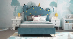 Side view of children’s bed with mattress and kids bedroom furniture wooden legs