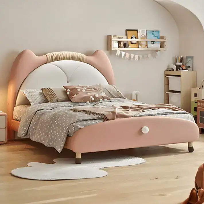 Pastel pink kids bed with pom-pom handle, kids bedroom furniture, children’s bed with mattress