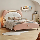 Pastel pink kids bed with pom-pom handle, kids bedroom furniture, children’s bed with mattress