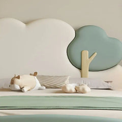 Soft rounded edges kids bed bacchon ka bed upholstered design cream and mint tones